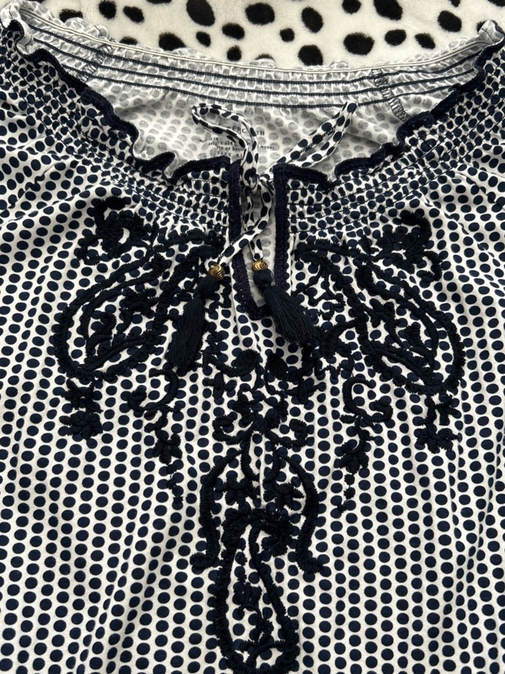 Charter Club Navy and White Embroidered Dot Peasant Blouse